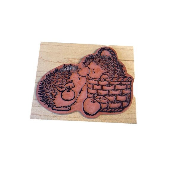 Hedgehog Rubber Stamp With Basket & Apples Wood Mounted Craft Tool - Picture 2 of 2